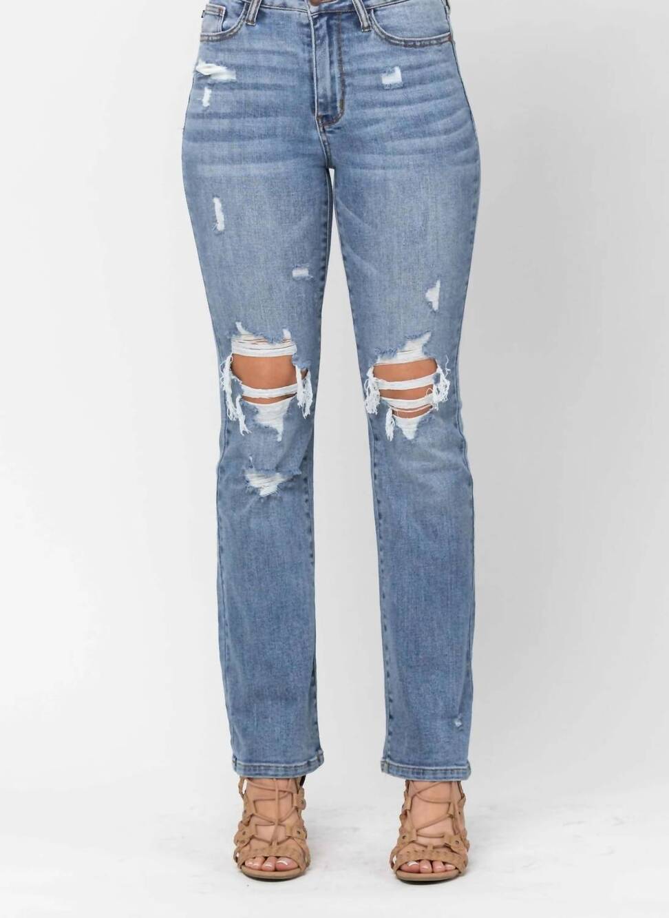 NEW JUDY BLUE destroyed high waist bootcut jeans in stone wash